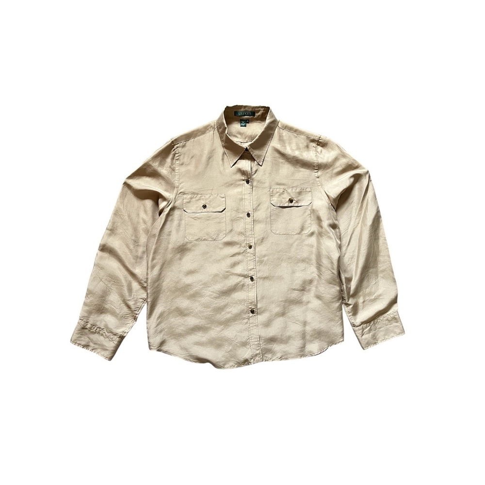 Lauren Ralph Lauren 100% Silk Long Sleeve Button Up Shirt in Tan Women's Size 14